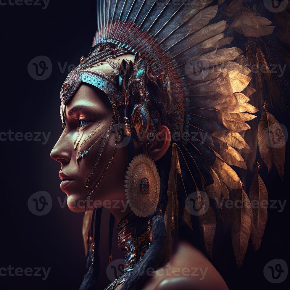 native american woman in ceremonial head dress, reflection of the silhouette of tribal ancestors in her eyes. Close up of colorful dressed native woman isolated on black background. photo