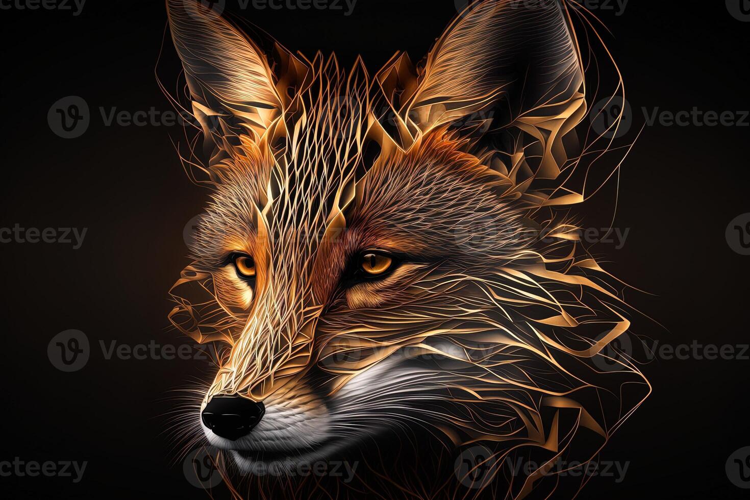 Fantasy Raster Image of Fox Face with Golden Spot, Animal face in the depths of galaxies and stars fox photo