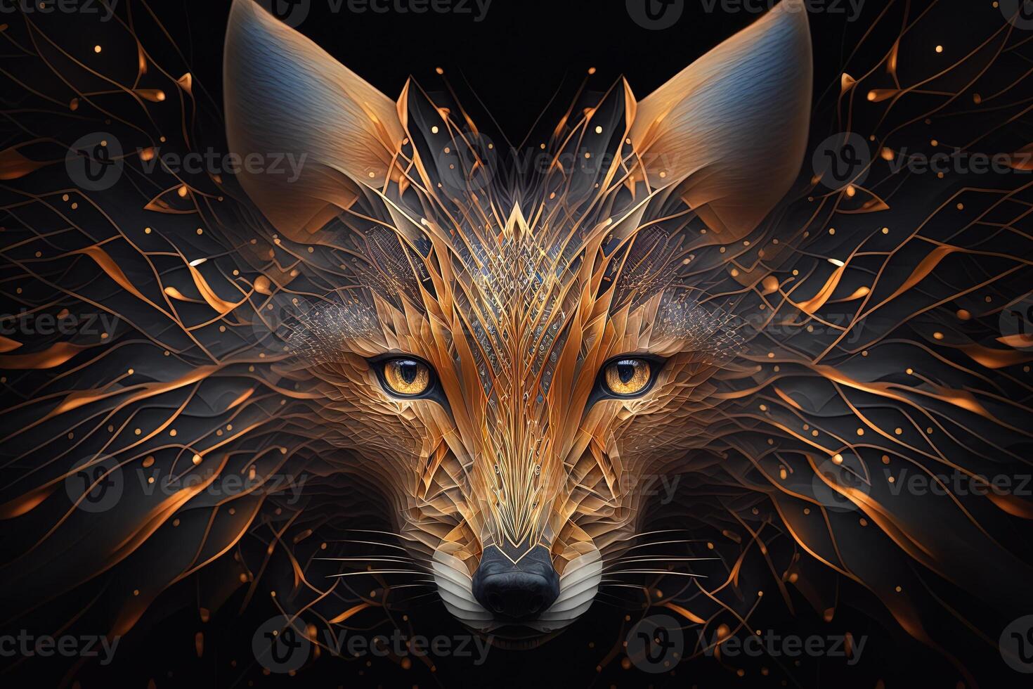 Fantasy Raster Image of Fox Face with Golden Spot, Animal face in the depths of galaxies and stars fox photo