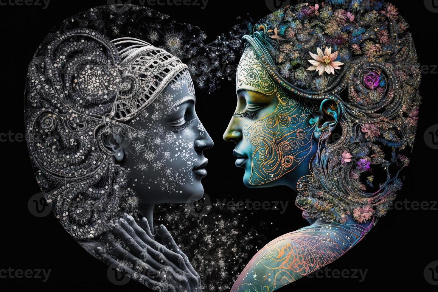 Radha krishna in love medium shot photography portrait of cosmic galactic . symbol of Devine Love. Art Print For Home Decor hindu couple on abstract decorative background photo