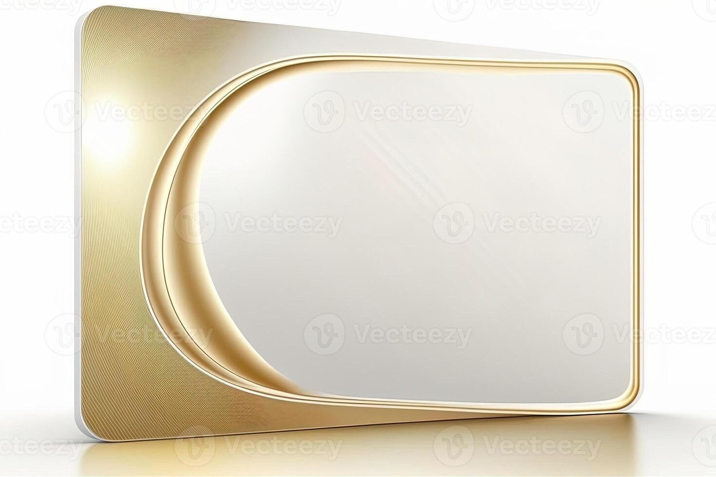 a white card for mockup, horizontal rectangular with rounded corner shapes, front view, stunning light, studio light, reflexion of hundred fine lines of gold reflection, white background photo
