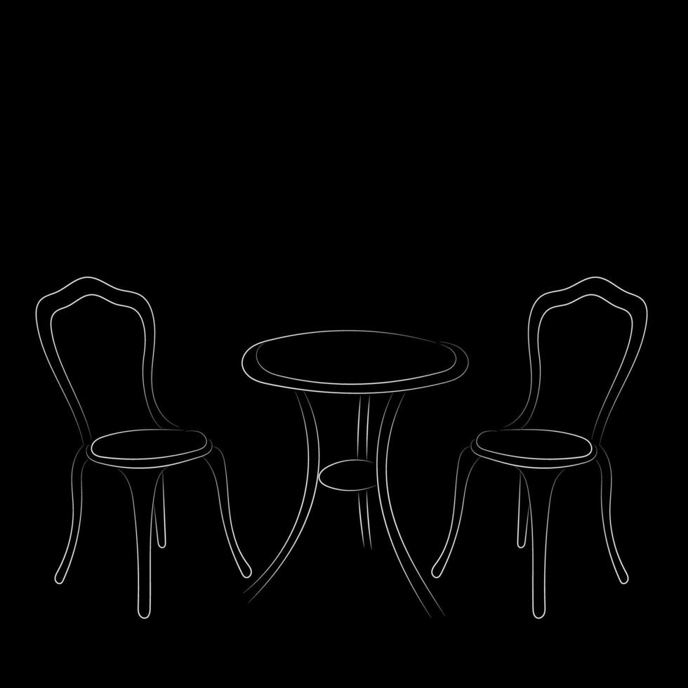 Sketch of hand drawn outline table and two chairs, white on black, cafe, restaurant vector