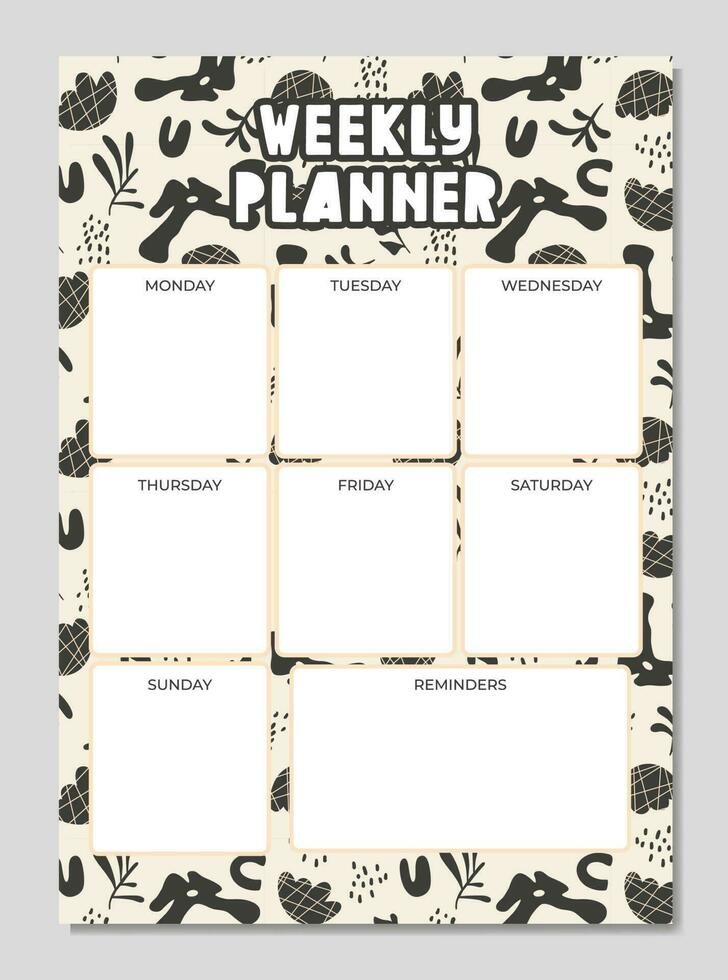 Weekly check list planner, note paper, to do list decorated with cute cartoon doodle flowers and botanical illustrations and inspirational quote. School scheduler and organizer. Flat vector