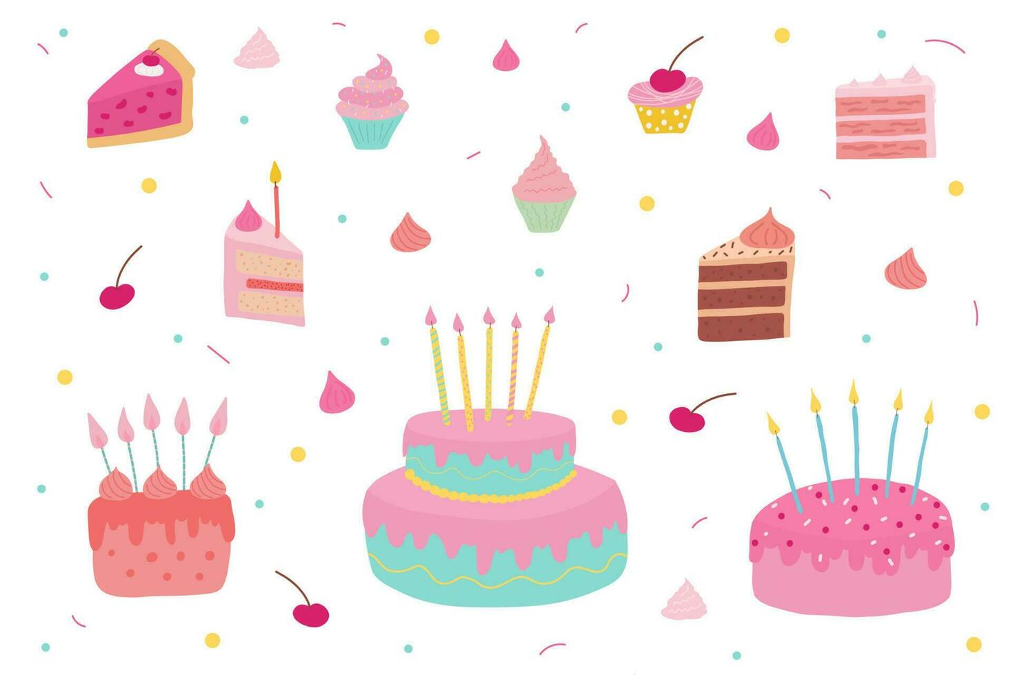 Hand-drawn baked cakes with candles, cake slices, cupcakes, and vector set. Festive culinary icons for decorations, anniversaries, weddings, and birthdays. Festive elements are isolated