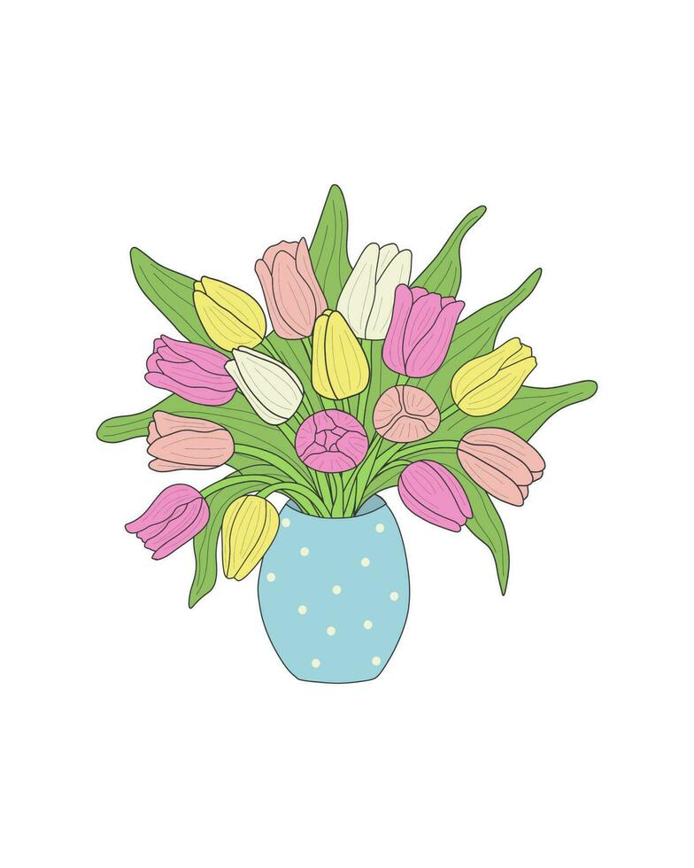 un ramo de flores de vistoso tulipanes en un azul florero con polca puntos en un blanco antecedentes. tulipanes amarillo, rosa, blanco. dibujado a mano. tarjeta postal, ilustración, imprimir, pegatina. vector ilustración.