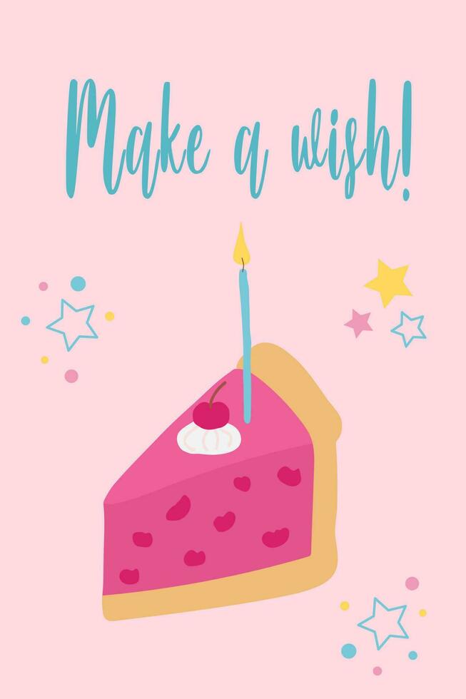 Cute piece of birthday cake with make a wish hand-drawn vector illustration.