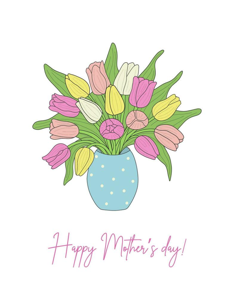 Mother's Day card. Bouquet of colorful tulips with green leaves in a blue vase on a white background. Postcard, print, picture, poster. Vector illustration.