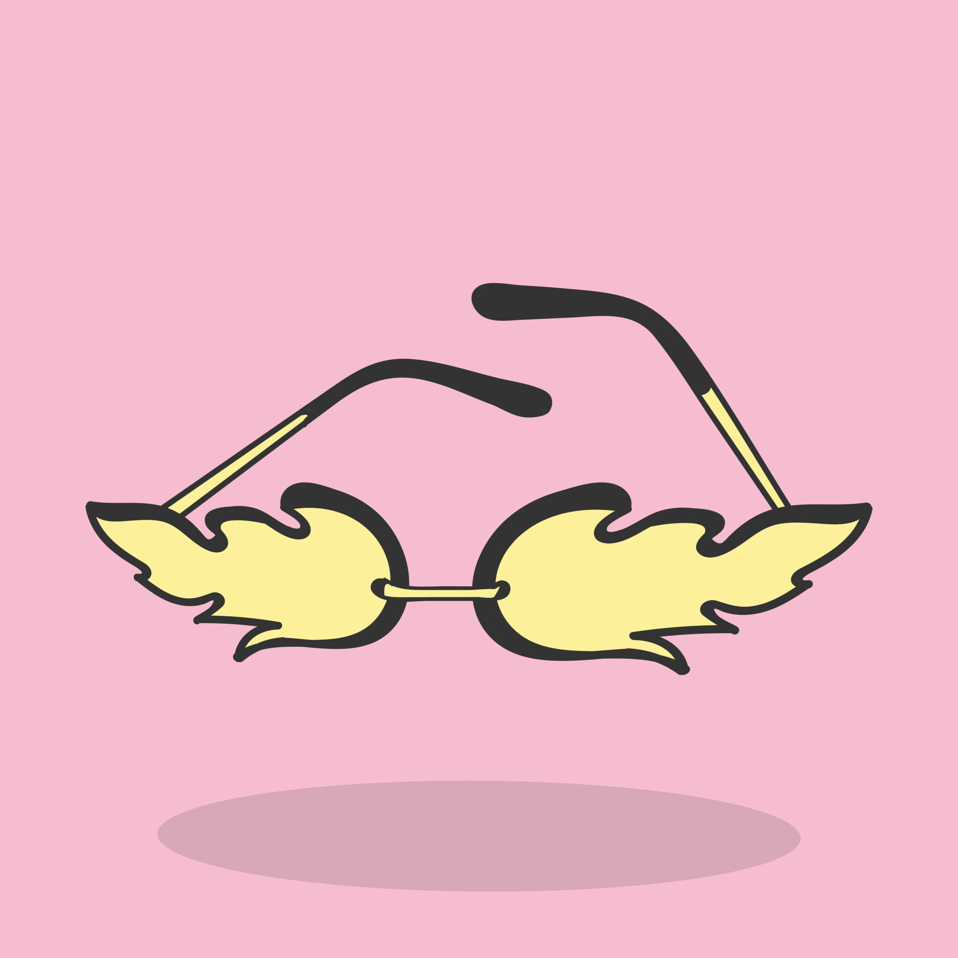 A cartoon drawing of a pair of glasses with wings on a pink background