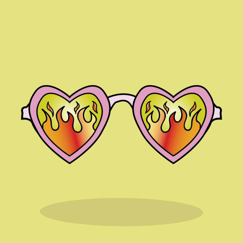 A yellow background with a pair of glasses with a flame design with a heart vector