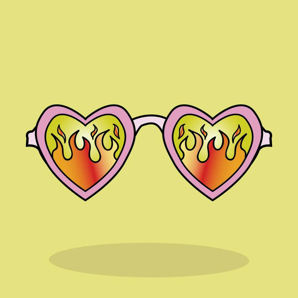 A yellow background with a pair of glasses with a flame design with a heart vector