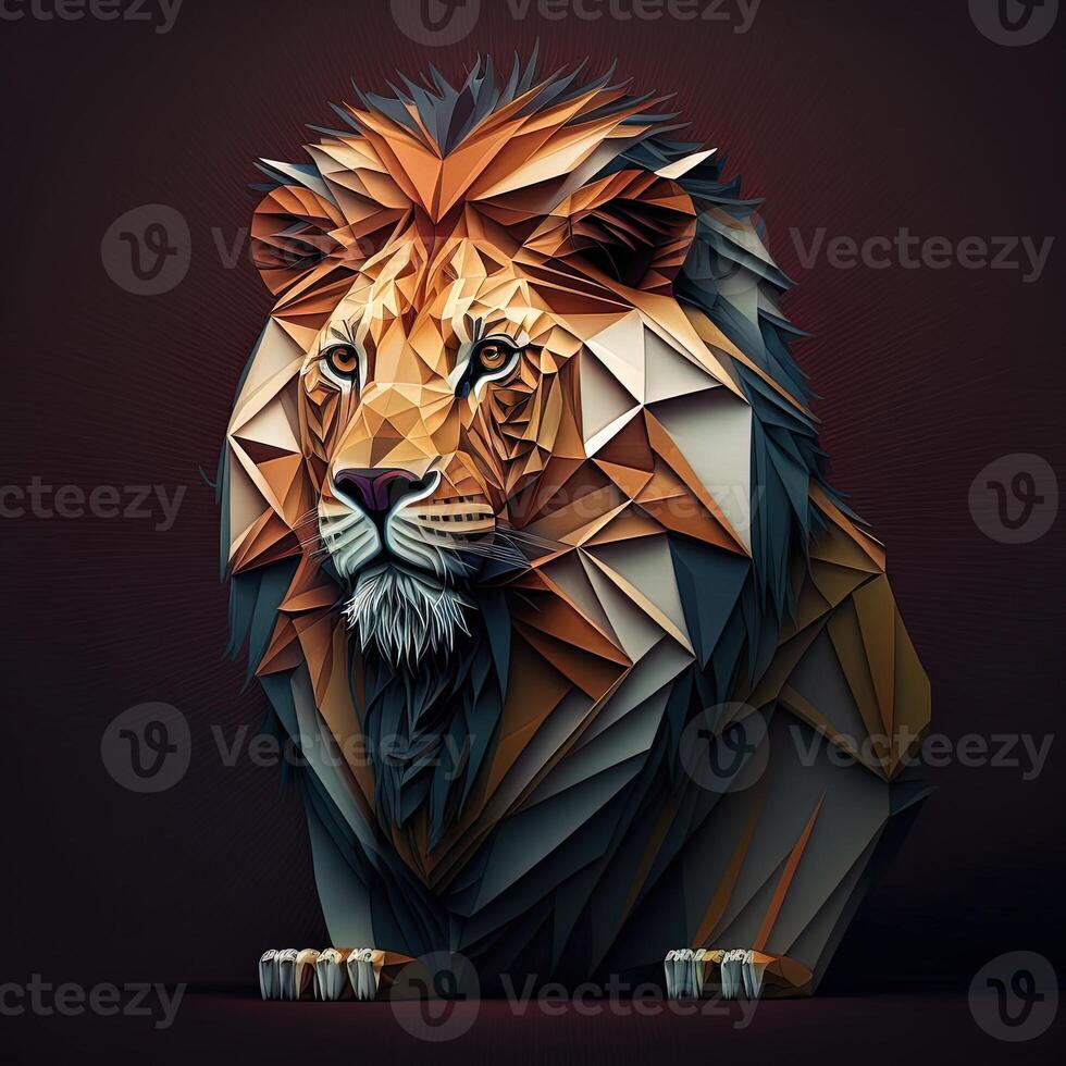 generativo ai ilustración de creativo de león hecho de vistoso geométrico formas en antecedentes. líder, coraje, fuerte y corajudo, majestuoso león foto