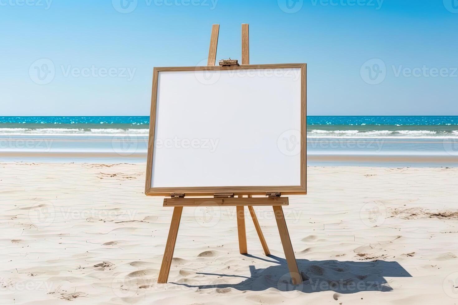 White blank artist frame on a small wooden easel on summer sea beach background with copy space. Advertising mockup artboard for pictures or artwork. Painting frame template banner. photo