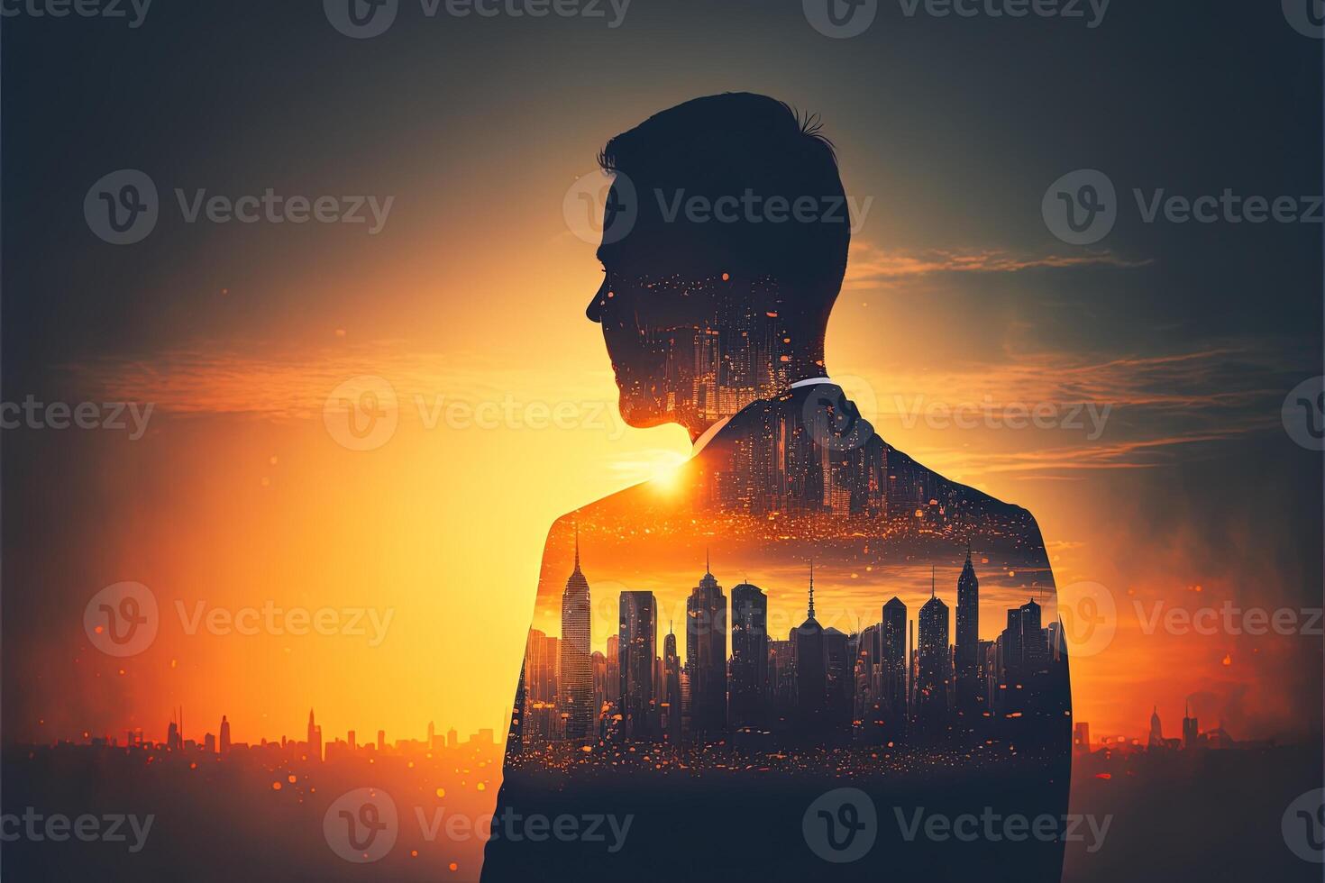 The double exposure image of the business man standing back overlay with cityscape image. The concept of modern life, business, city life and internet of things. photo