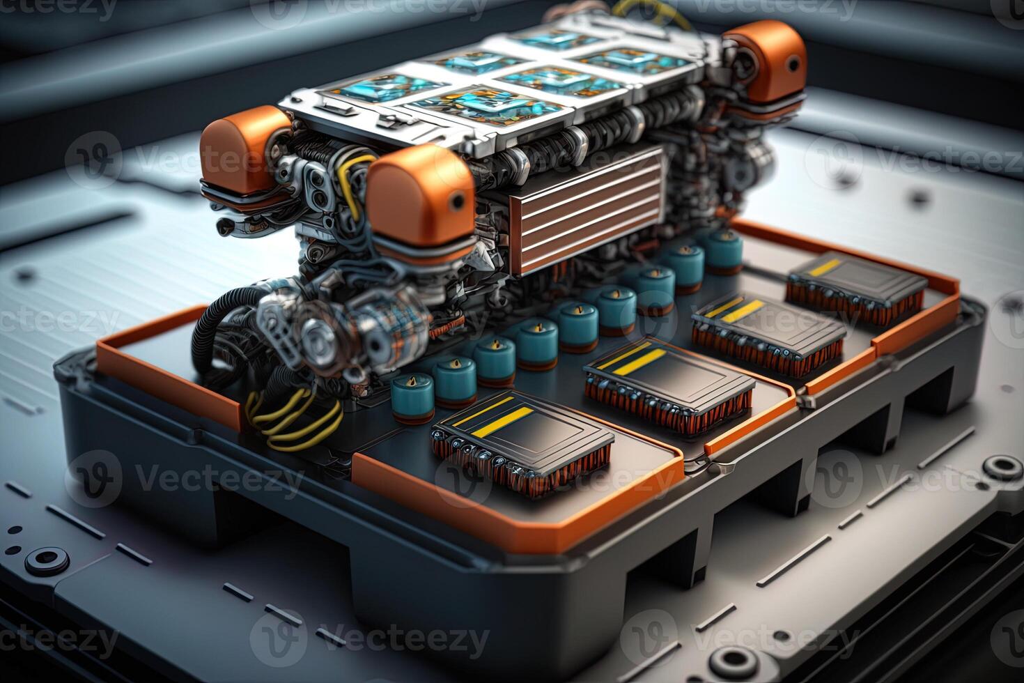 Interior of industry factory, Robot assembly line with electric car battery cells module on platform. photo