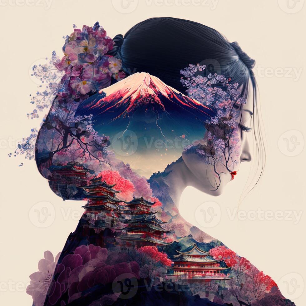 double exposure of a gorgeous geisha and Mount Fuji with peach flower and river. Beautiful face of Asian woman on white background, image combined with nature, green mountains landscape photo