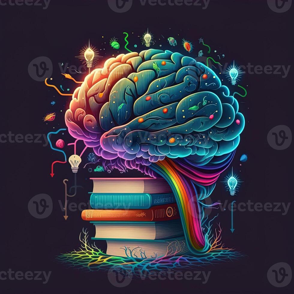 This whimsical image shows a brain with a library inside, its neurons and synapses lit up in a rainbow of joyful colors. A stack of books on a shelf indicates knowledge and learning, photo