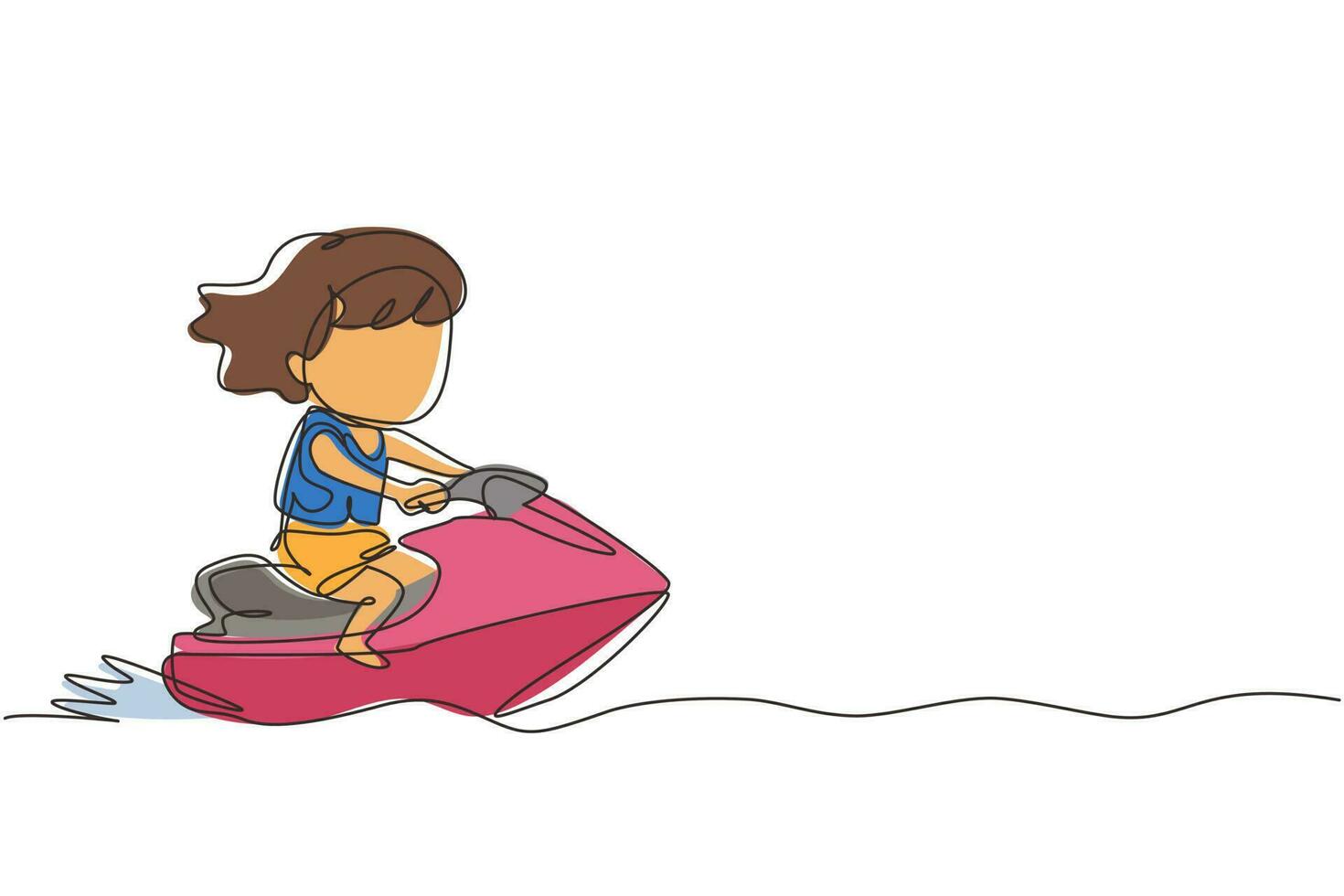 dibujo de una línea continua niña montando jet ski. niño sonriente feliz con paseos en moto de agua en las olas del océano. concepto de deporte acuático de verano. ilustración gráfica de vector de diseño de dibujo de una sola línea