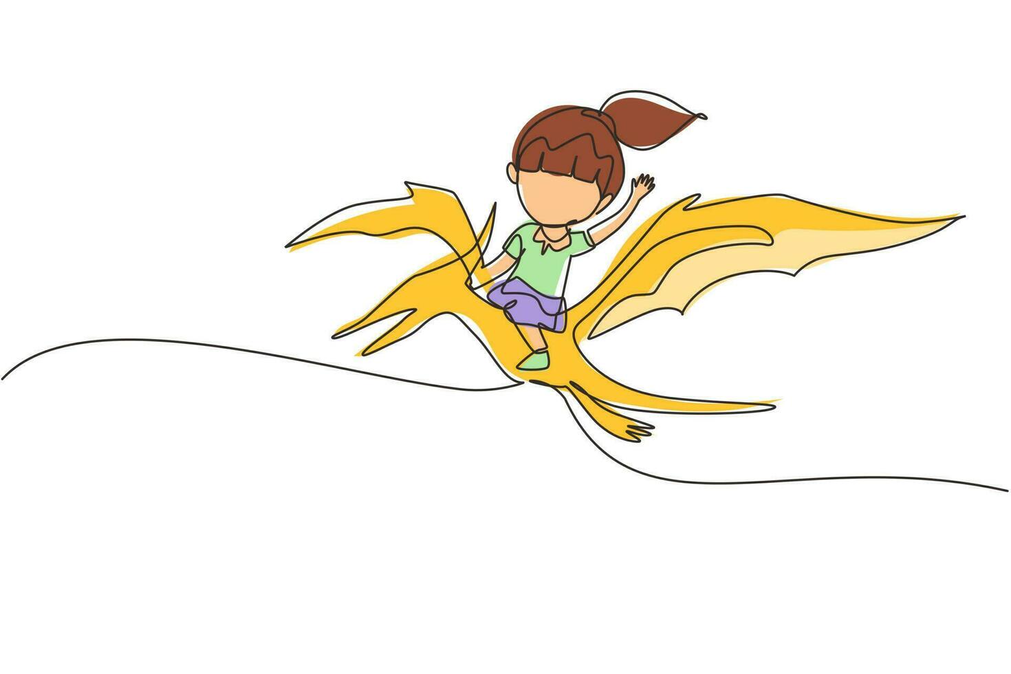 Continuous one line drawing girl riding flying dinosaur. Pterodactyl ride with young kid sitting on back of dinosaur and flying high in sky. Single line draw design vector graphic illustration