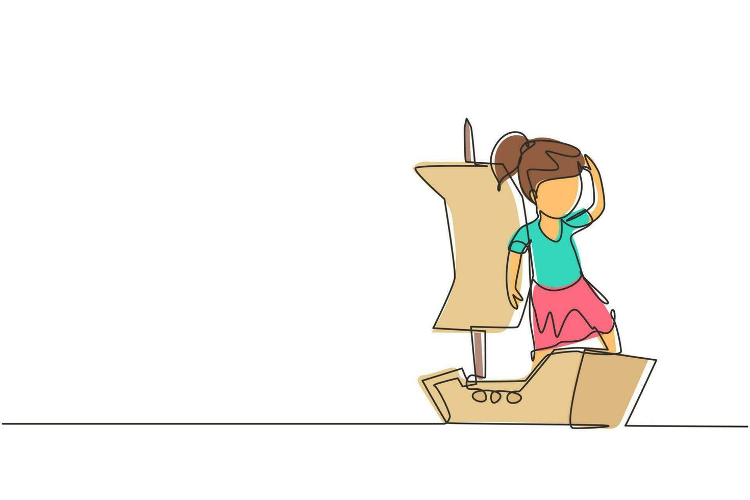 Single continuous line drawing little girl playing sailor with boat made of cardboard box. Creative kid character playing ship made of cardboard boxes. One line draw graphic design vector illustration