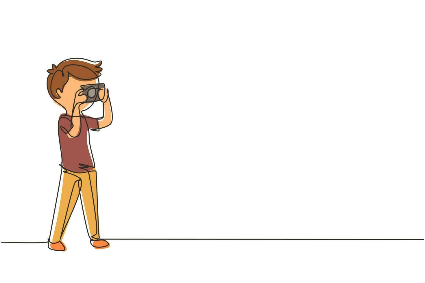 Single continuous line drawing boy taking picture with pocket camera. Photographers taking photo with digital cameras. Photography hobbies. Dynamic one line draw graphic design vector illustration