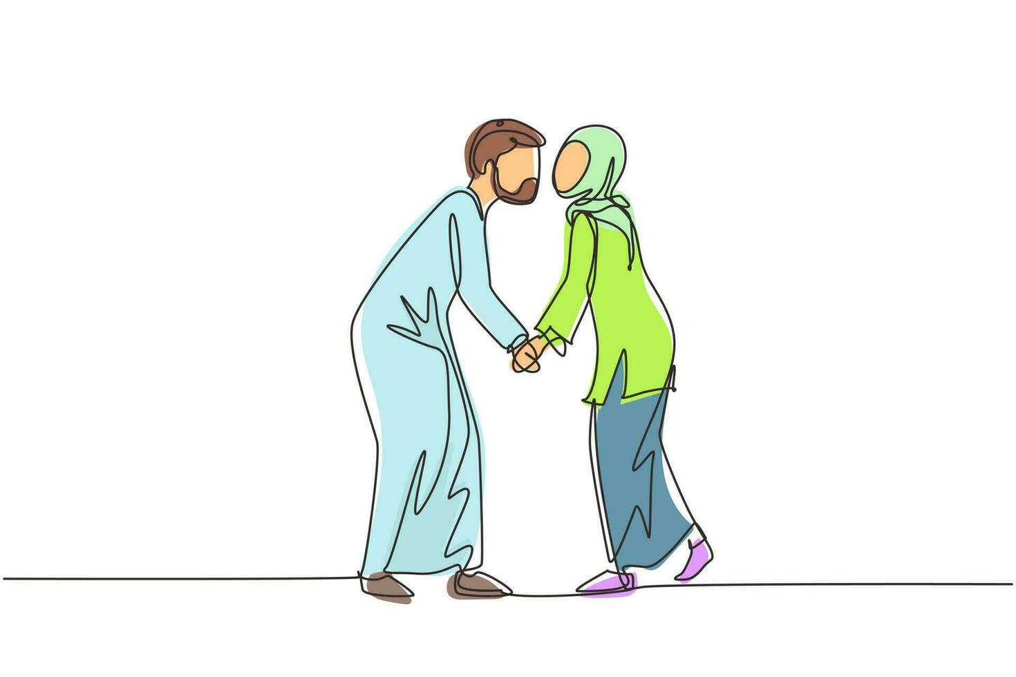 dibujo de una sola línea continua romántico de una pareja árabe masculina y femenina con los labios encerrados en un beso. feliz linda pareja amantes besándose y tomándose de la mano. ilustración de vector de diseño gráfico de dibujo de una línea