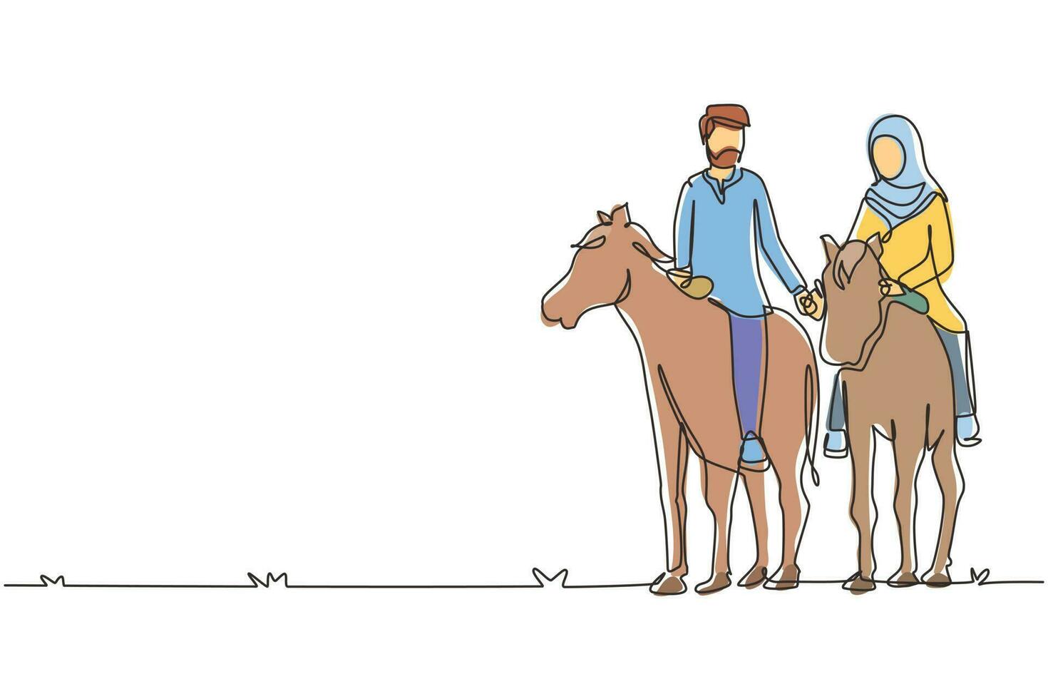 dibujo de una sola línea pareja árabe montando caballos de la mano al atardecer. hombre haciendo propuesta de matrimonio a mujer. compromiso y relación amorosa. ilustración de vector gráfico de diseño de dibujo de línea continua