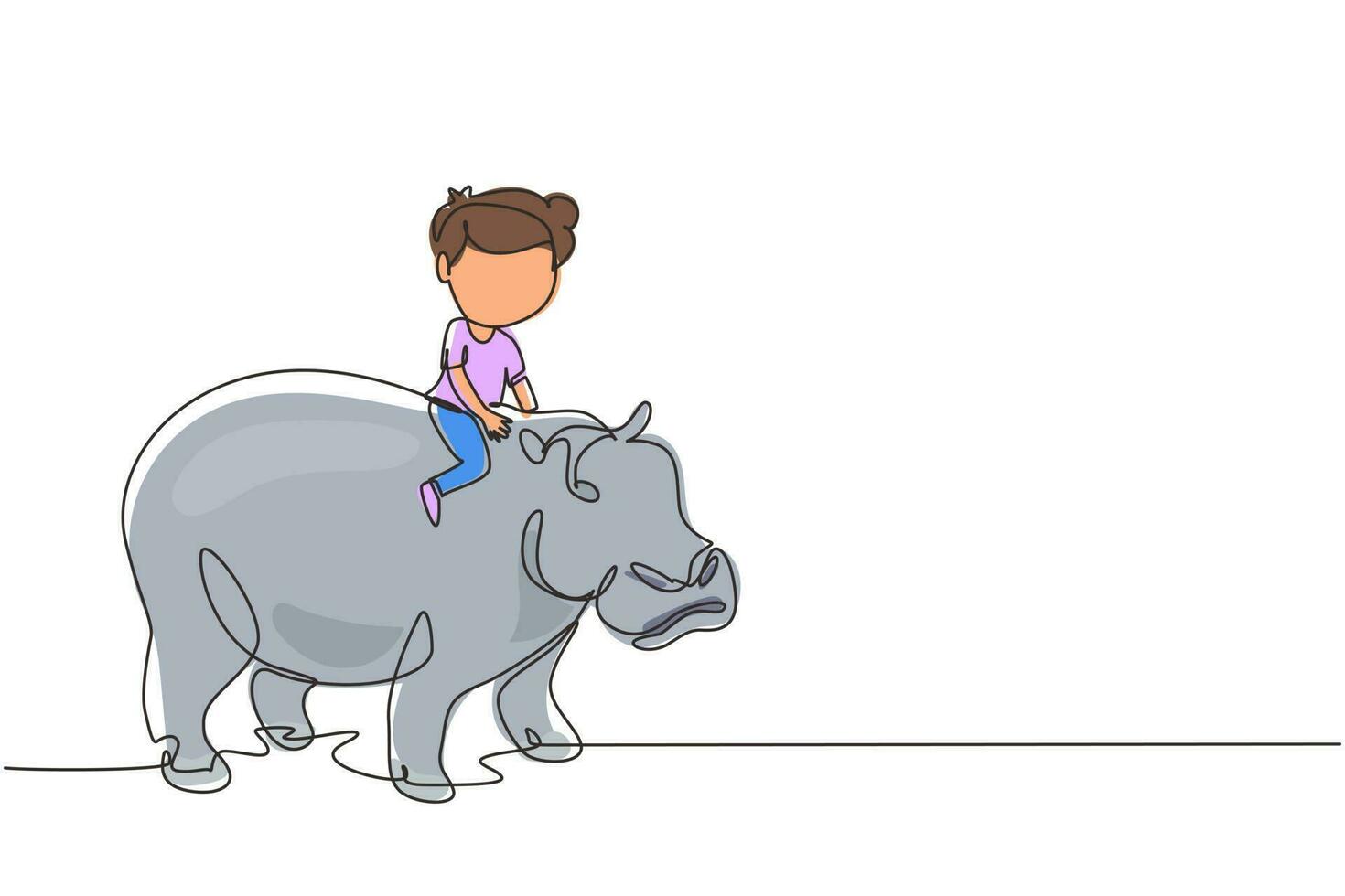 Single continuous line drawing happy little boy riding hippo. Child sitting on back hippopotamus in zoo. Kids learning to ride hippopotamus. Dynamic one line draw graphic design vector illustration