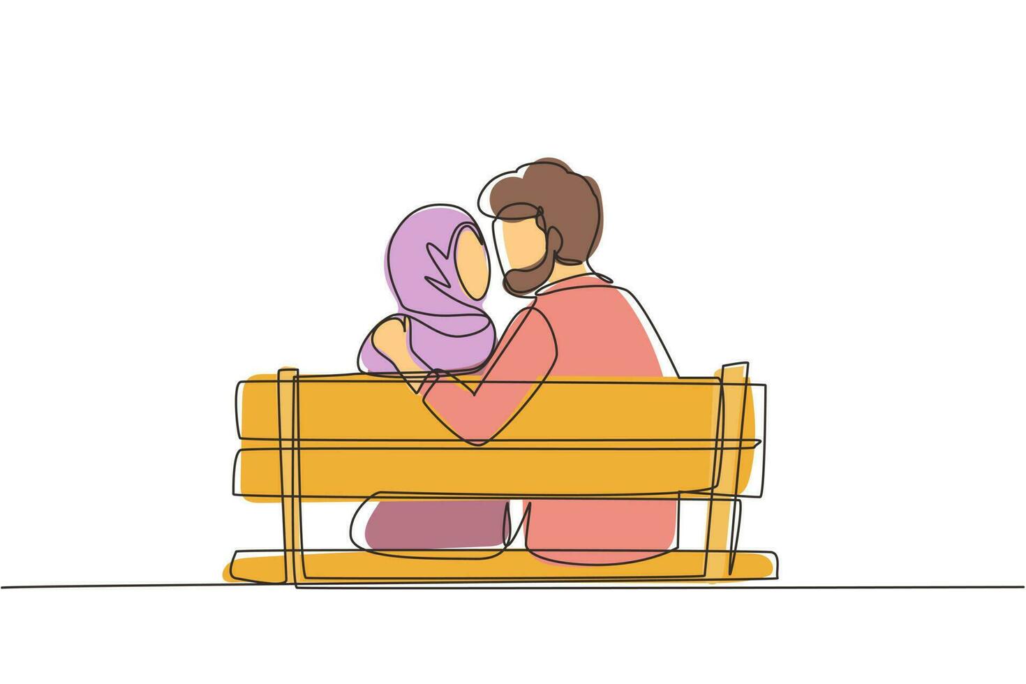 dibujo de una línea continua vista posterior pareja árabe besándose sentado en un banco en un paisaje romántico del parque. relación de chico y chica de felicidad en el amor. ilustración gráfica de vector de diseño de dibujo de una sola línea