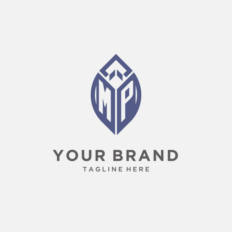 MP logo with leaf shape, clean and modern monogram initial logo design vector