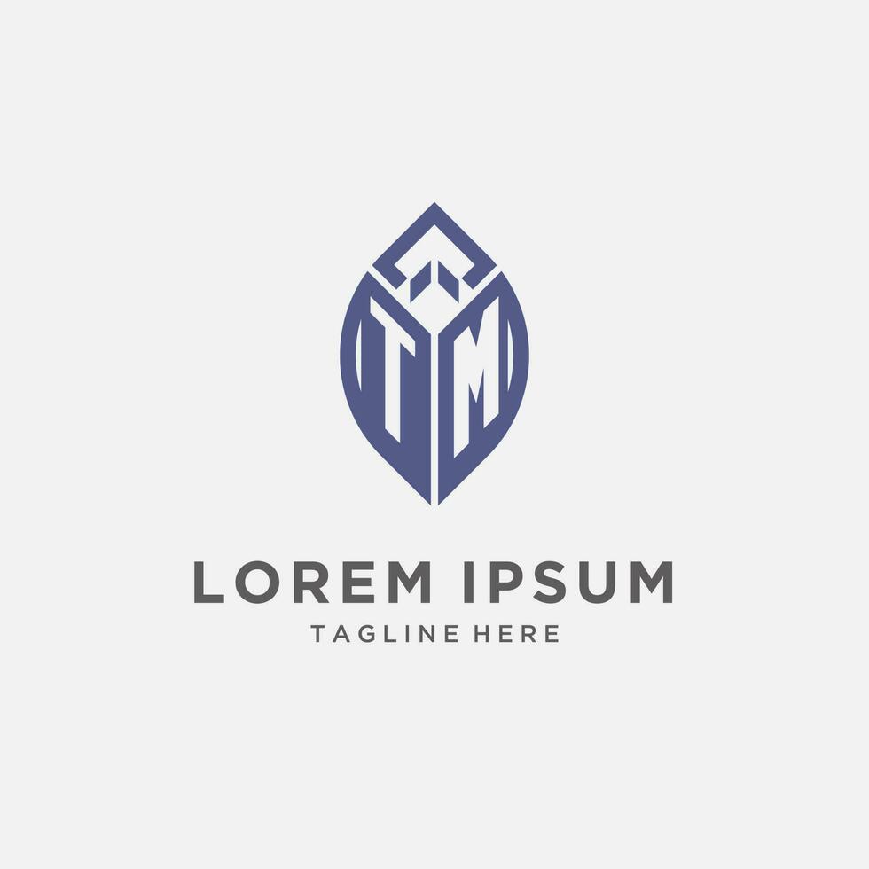 TM logo with leaf shape, clean and modern monogram initial logo design vector