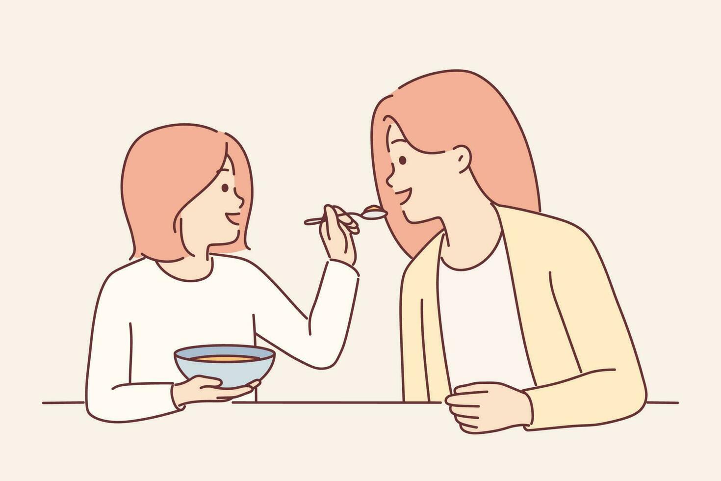 Little girl feeds mother with spoon during breakfast sitting at kitchen table spending time together. Mother and daughter having breakfast for concept of parenting and happy childhood or motherhood vector