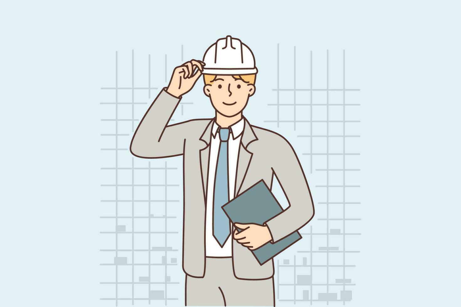 Man in business suit and protective helmet working as manager in construction or architectural company stands and looks at camera. Successful businessman makes career in construction industry vector