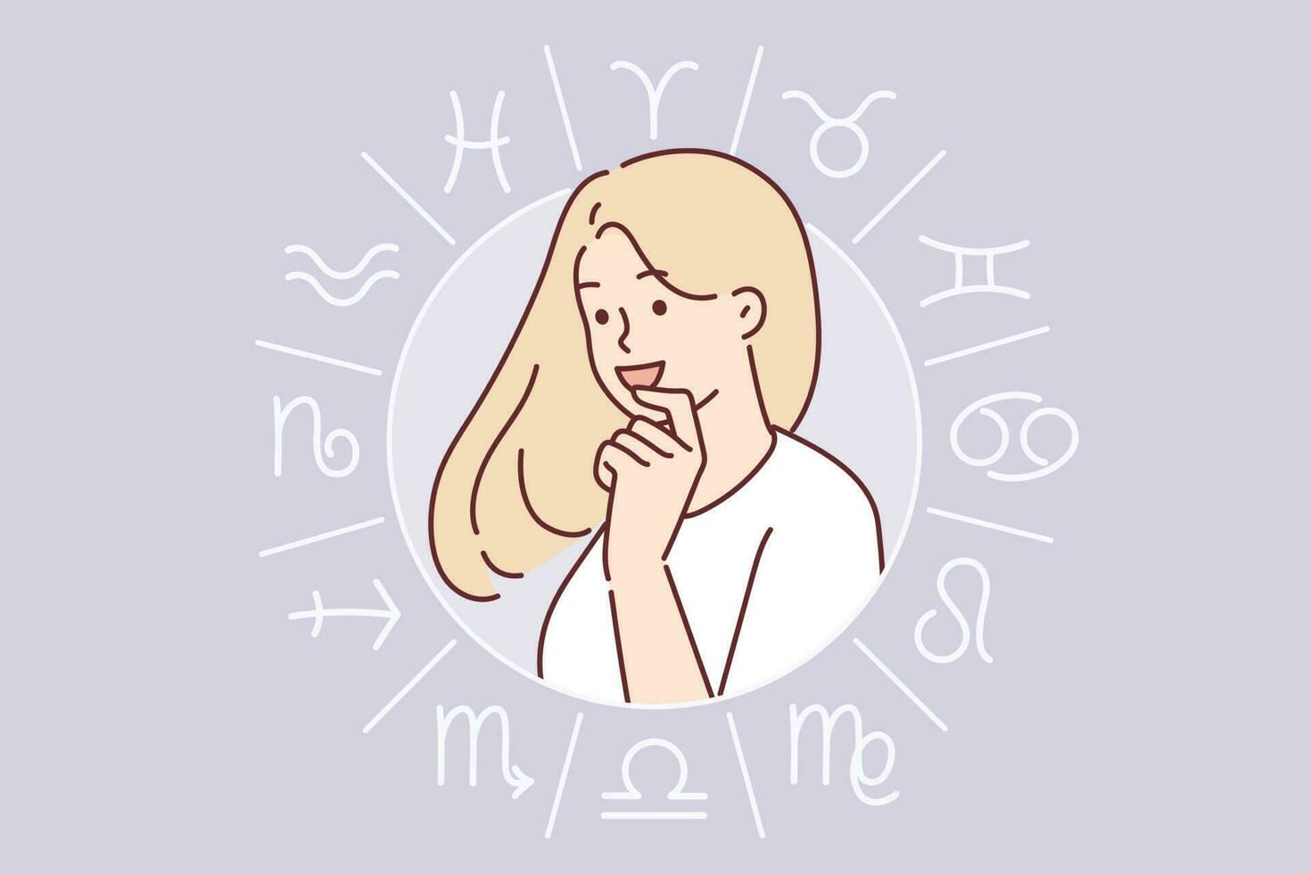 Wheel with signs of zodiac around woman contemplating astrological prediction based on position of stars in space. Concept of compatibility between people with different zodiac signs vector
