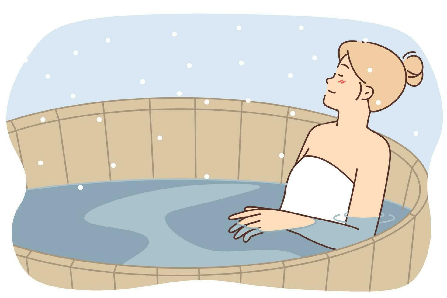 Woman relaxes in wooden finnish sauna pool with hot water enjoying warm outdoor spa. Relaxed girl sitting in hot pool during scandinavian treatments and outdoor sauna in snowy winter weather vector