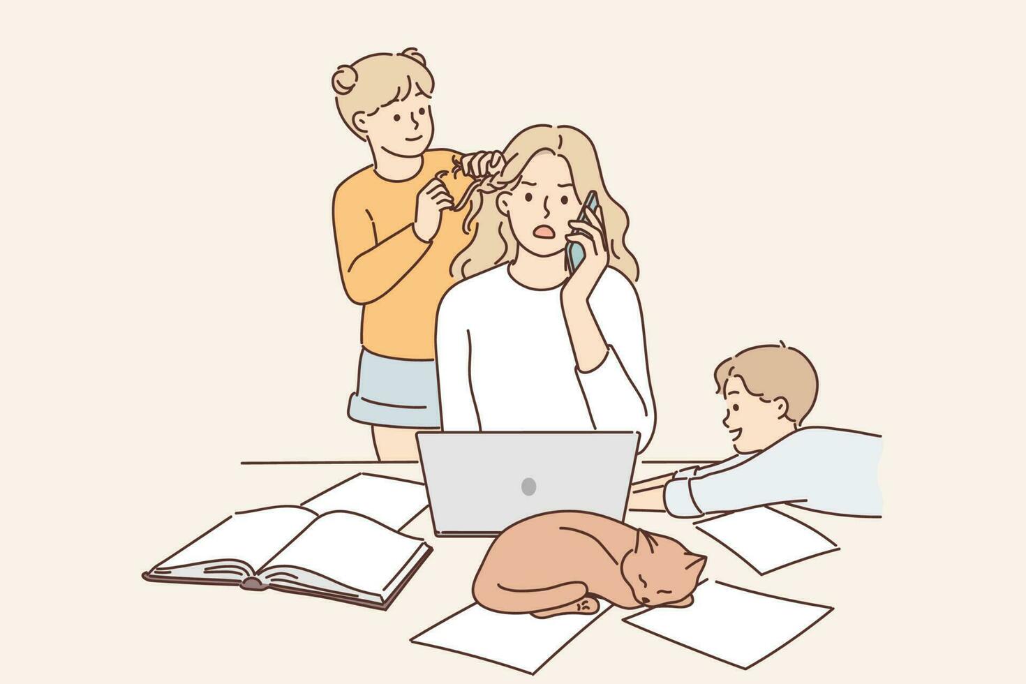 Mother works as freelancer at home and sits with children suffering from lack of workspace and inability to concentrate. Little kids near freelancer woman making phone call and using laptop for work vector