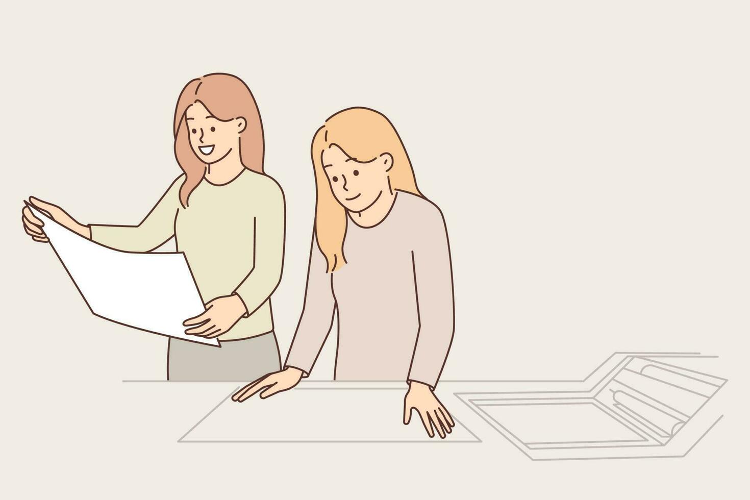 Women work in printing factory and scan image using copy equipment. Two business girls with smile stand near copy machine designed to reproduce advertising flyers or labels for products vector