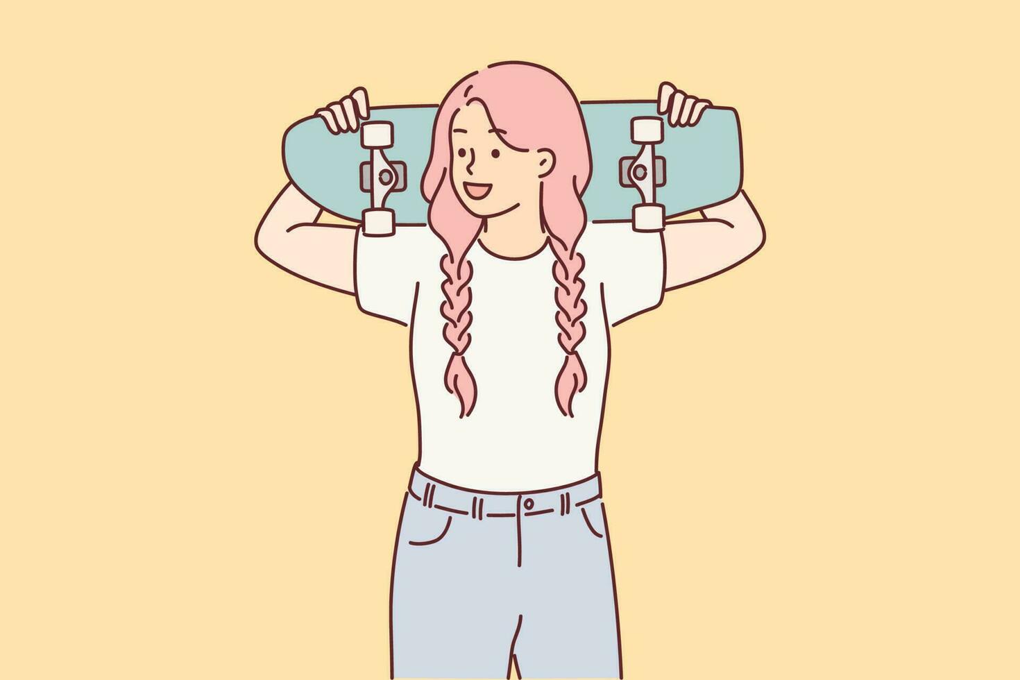 Teenager girl holds skateboard in hands, wanting to ride through city streets or park with skate ramp. Schoolgirl with pink hair loves to skateboard and do extreme sports after college vector