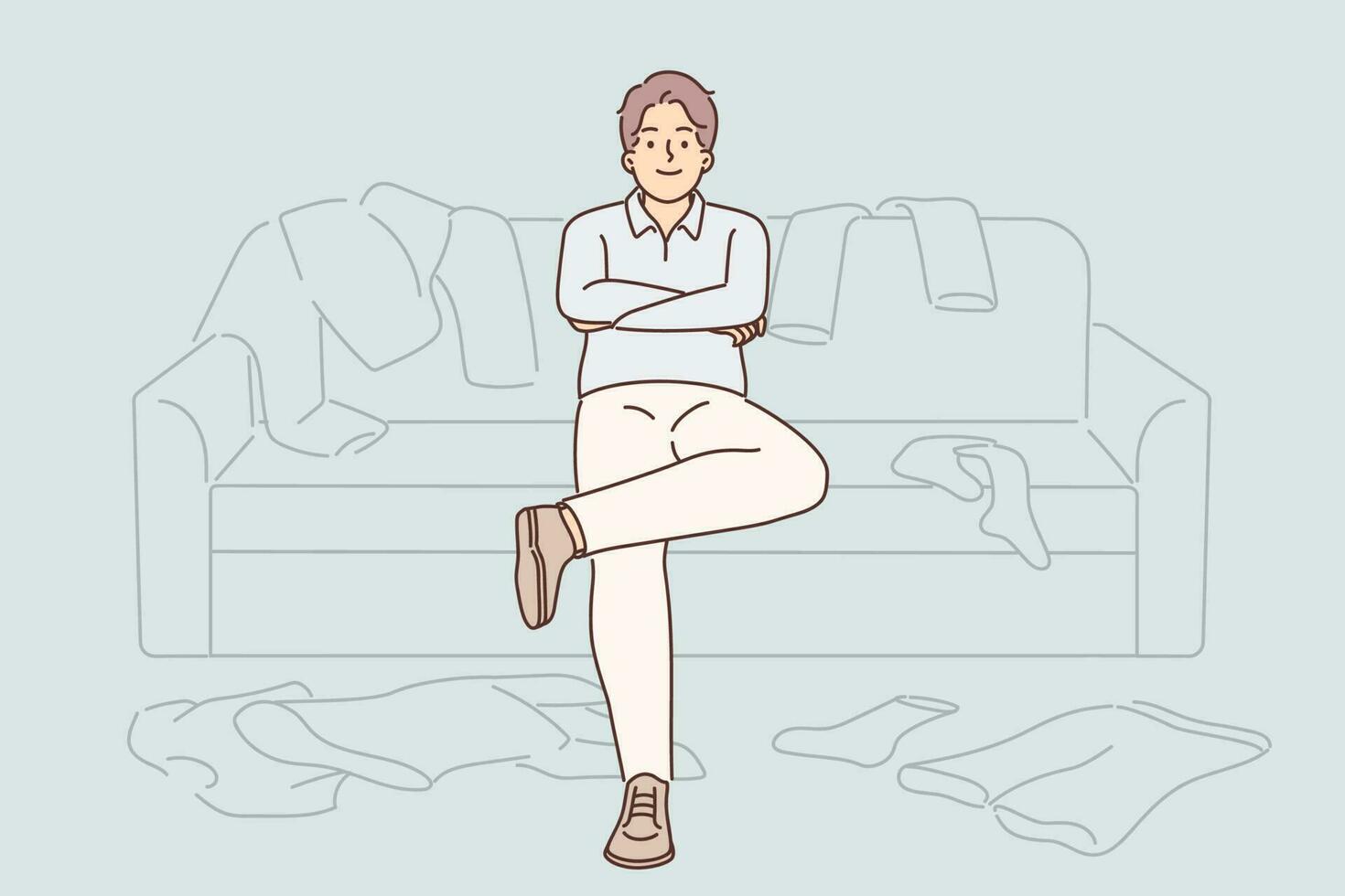 Bachelor man sits on couch among scattered clothes and is too lazy to start cleaning due to procrastination and lack of motivation. Young guy bachelor with smile located in dirty untidy apartment vector