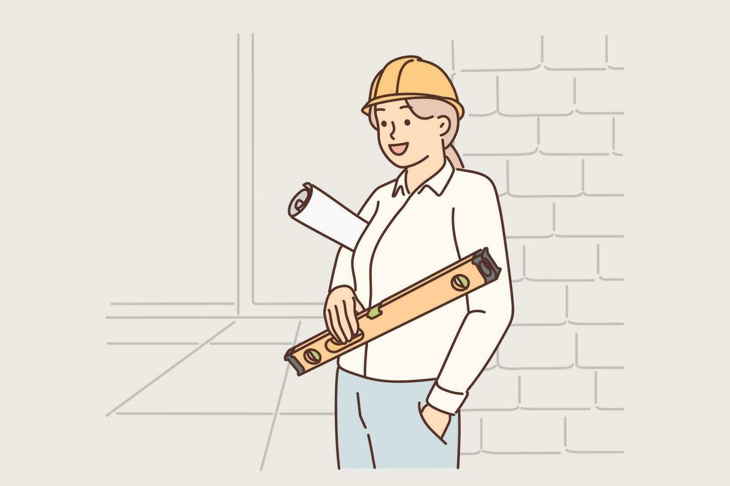 Woman architect stands in building under construction with level and folded blueprints in hands. Girl architect in protective helmet inspects object controlling work of builders and contractors vector