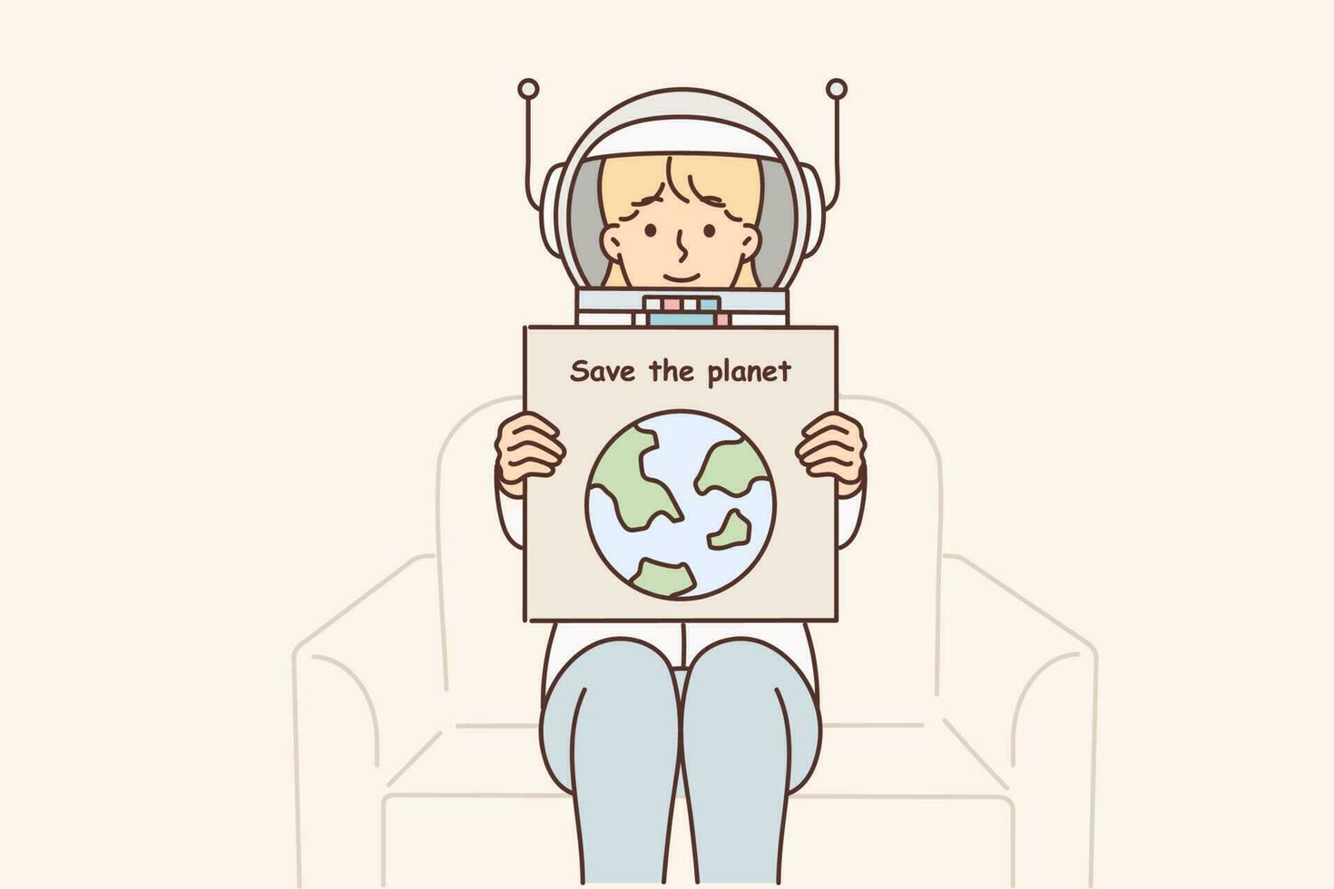 mujer en astronauta espacio traje sostiene póster vocación para ahorro planeta y tomando cuidado ambiente a combate co2 emisiones niña eco activista peleas en contra perjudicial emisiones contaminador planeta vector