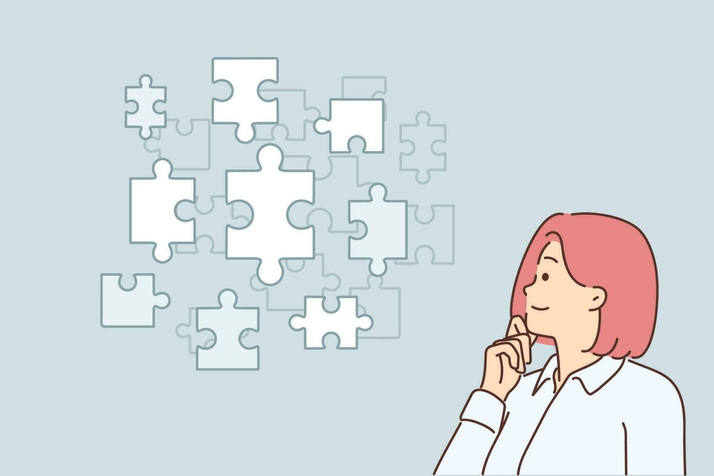 Thoughtful businesswoman looking at puzzle pieces choosing right tactics to solve business problems. Concept of manager of recruiting company engaged in building team and business processes vector