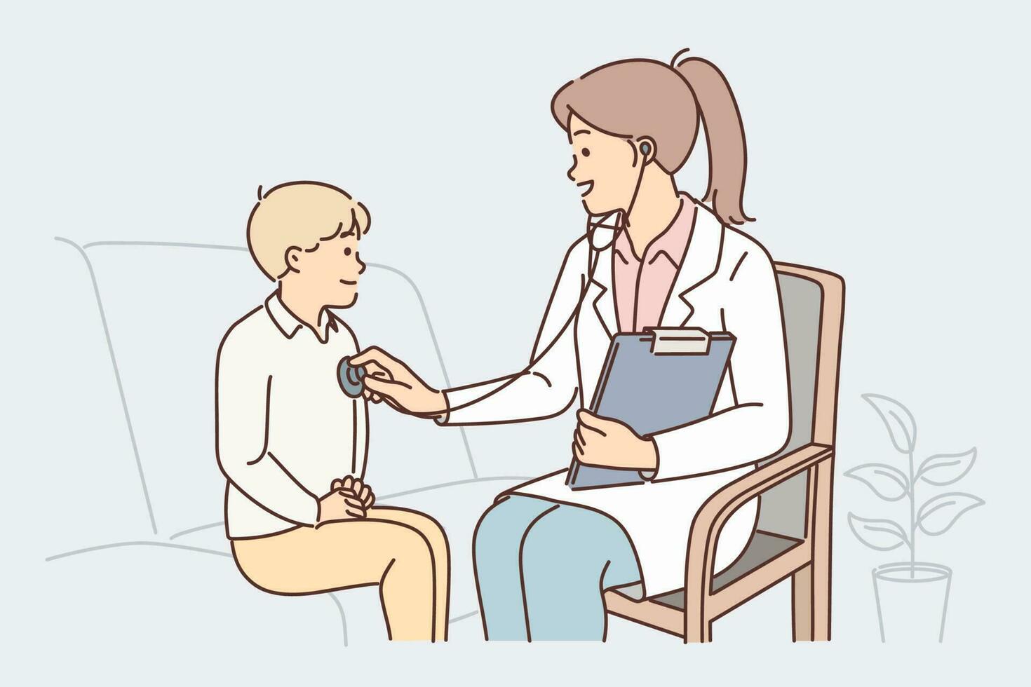 Woman pediatrician uses stethoscope listening to heartbeat of child during routine pre-school checkup. Girl doctor or gp in private hospital examines boy with symptoms of infectious flu vector