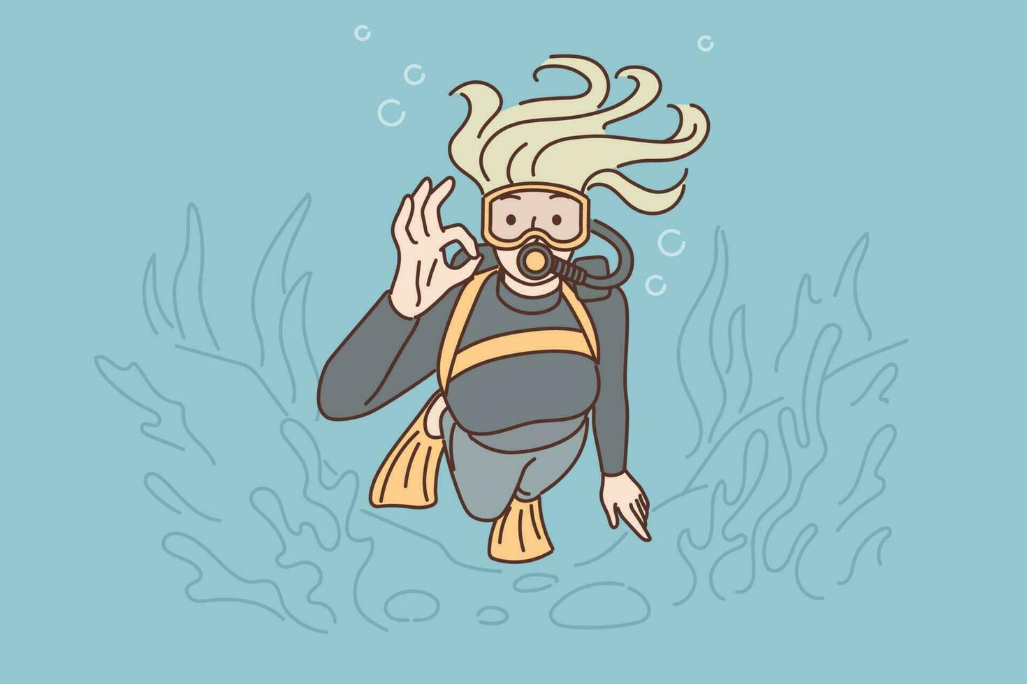 Woman diver swims underwater in scuba gear and goggles showing OK gesture exploring underwater world. Girl is diving using equipment for professional divers and following bottom of ocean with algae vector