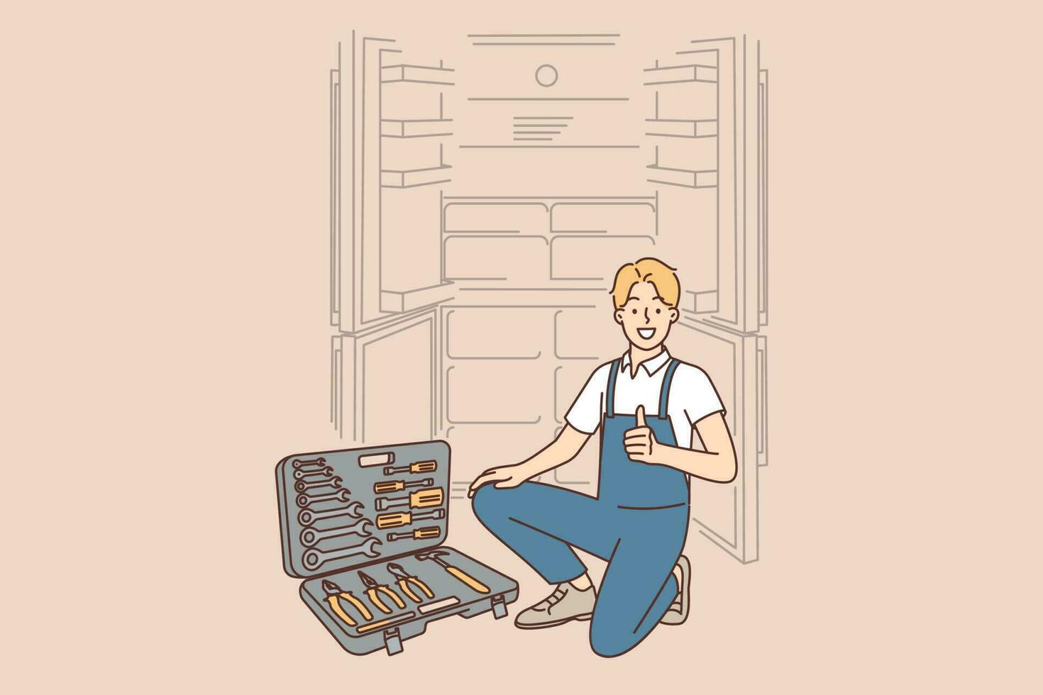 Man repairing refrigerator shows thumbs up kneeling near case with tools for repair . Guy provides refrigerator repair or freon replacement services to improve quality and speed of freezing. vector