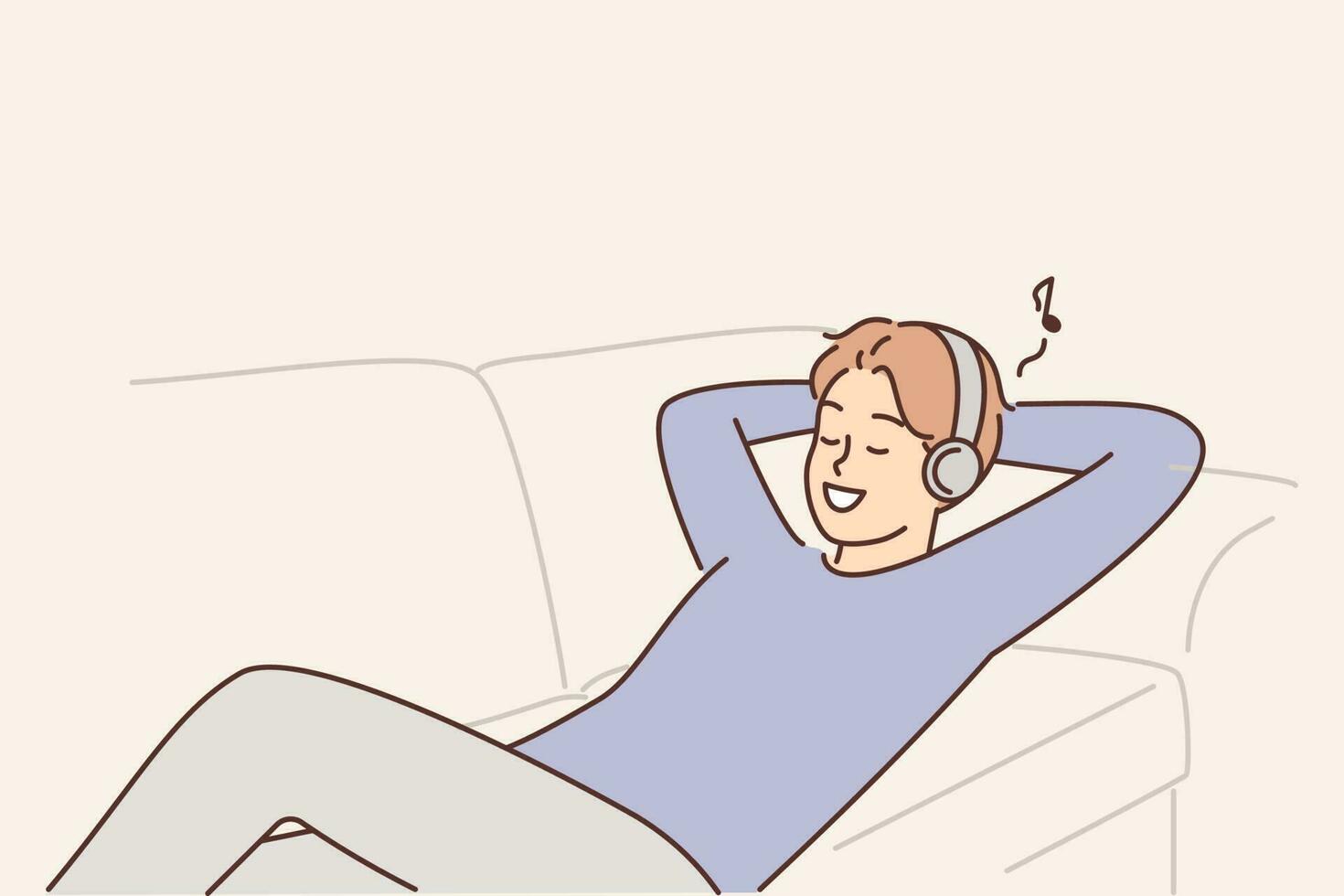 Man listens to music lying on couch with headphones and enjoys cool audio sound of favorite track. Guy in headphones smiles relaxing after work to relaxing sounds or education audiocast vector