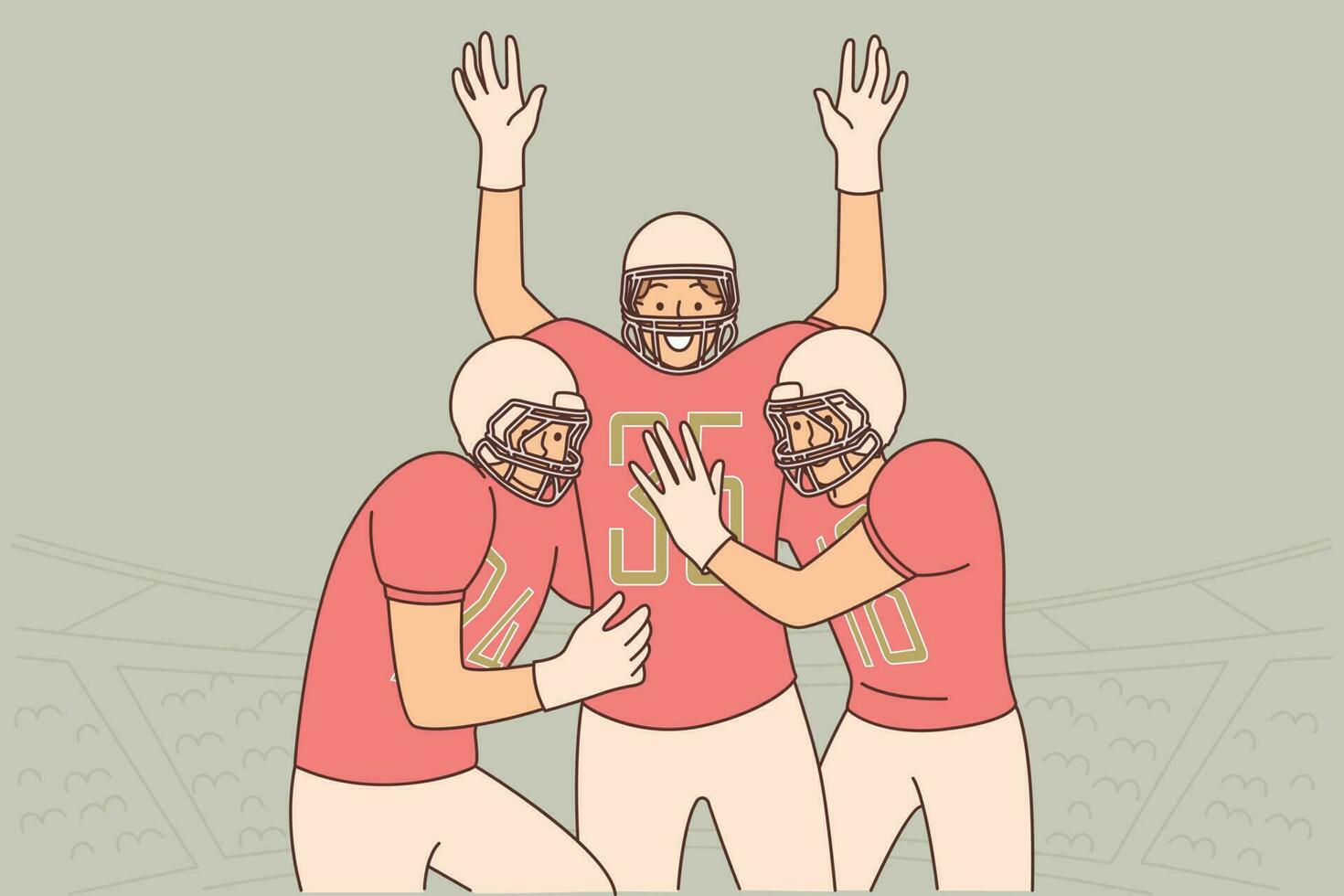 Team of baseball players celebrate victory in game during national college football tournament. Three man baseball players rejoice at end of game and defeat of opposing team in championship vector