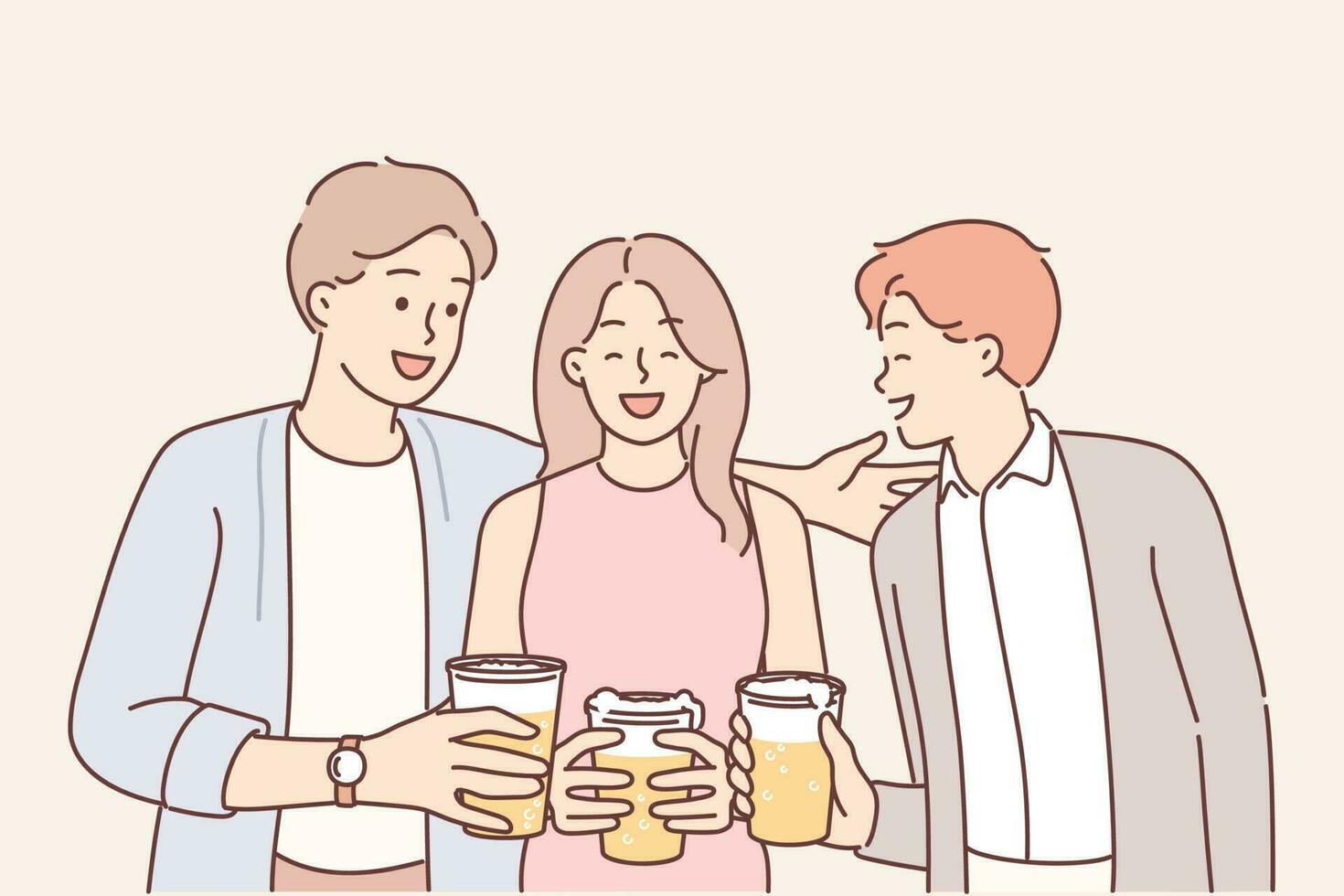 Friends drink beer and laugh enjoying socializing and friendly conversation during oktoberfest or friday party. Girl and guys with glasses of beer are relaxing in bar sharing funny stories vector