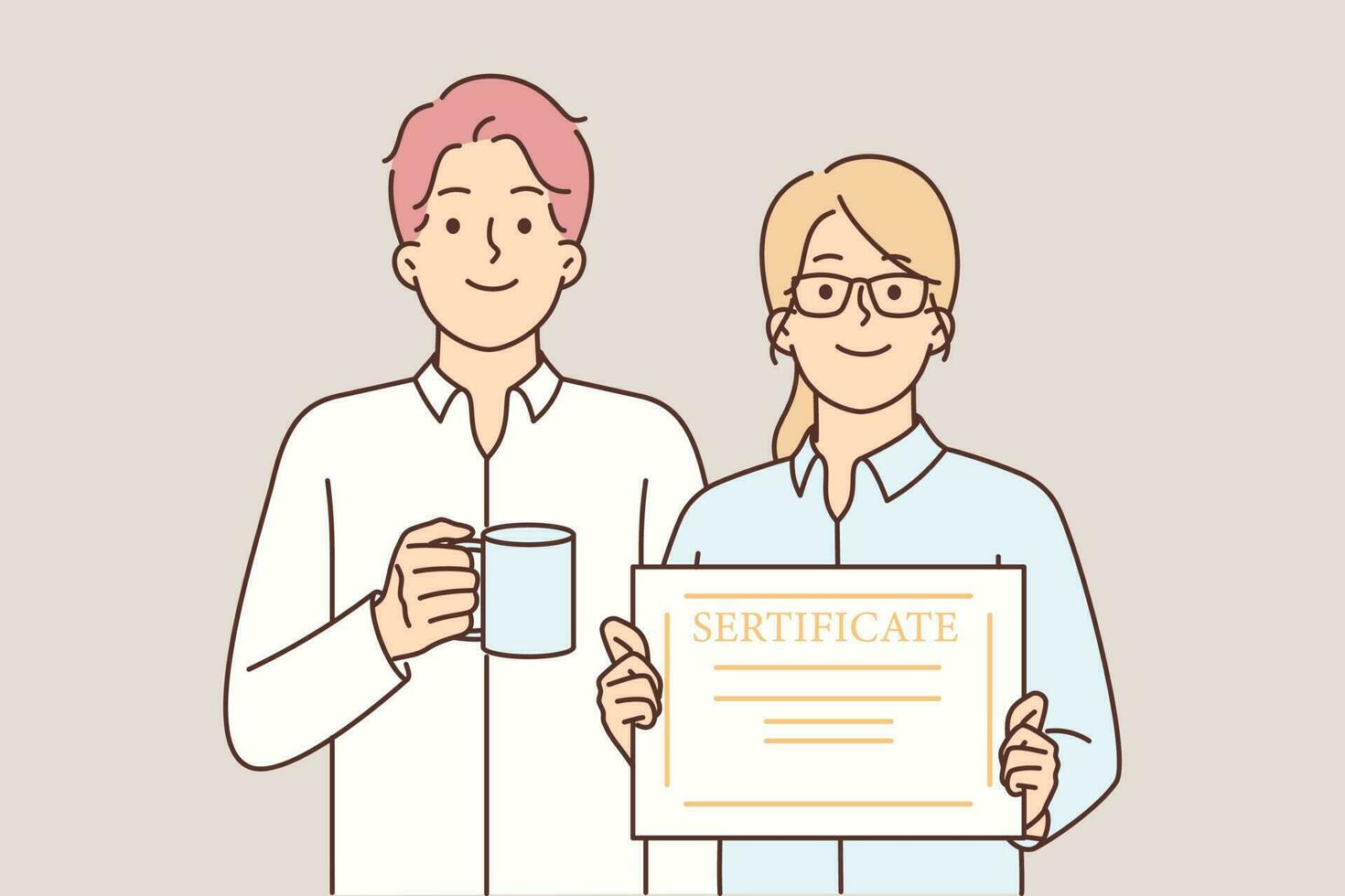 Business woman demonstrates certificate standing near boss who thanked employee for conscientious work. Man with mug stands near colleague showing certificate of business education or training vector