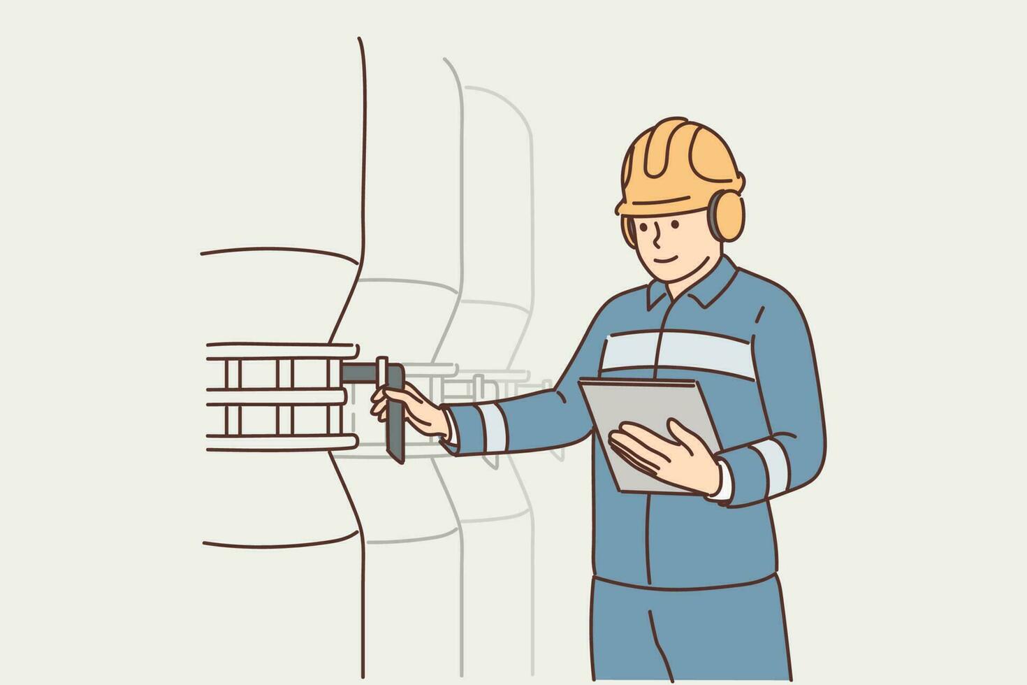 Man working at factory holds electronic tablet standing near industrial equipment and tanks. Employee of industrial company or factory is in boiler room and uses valve to adjust pressure vector