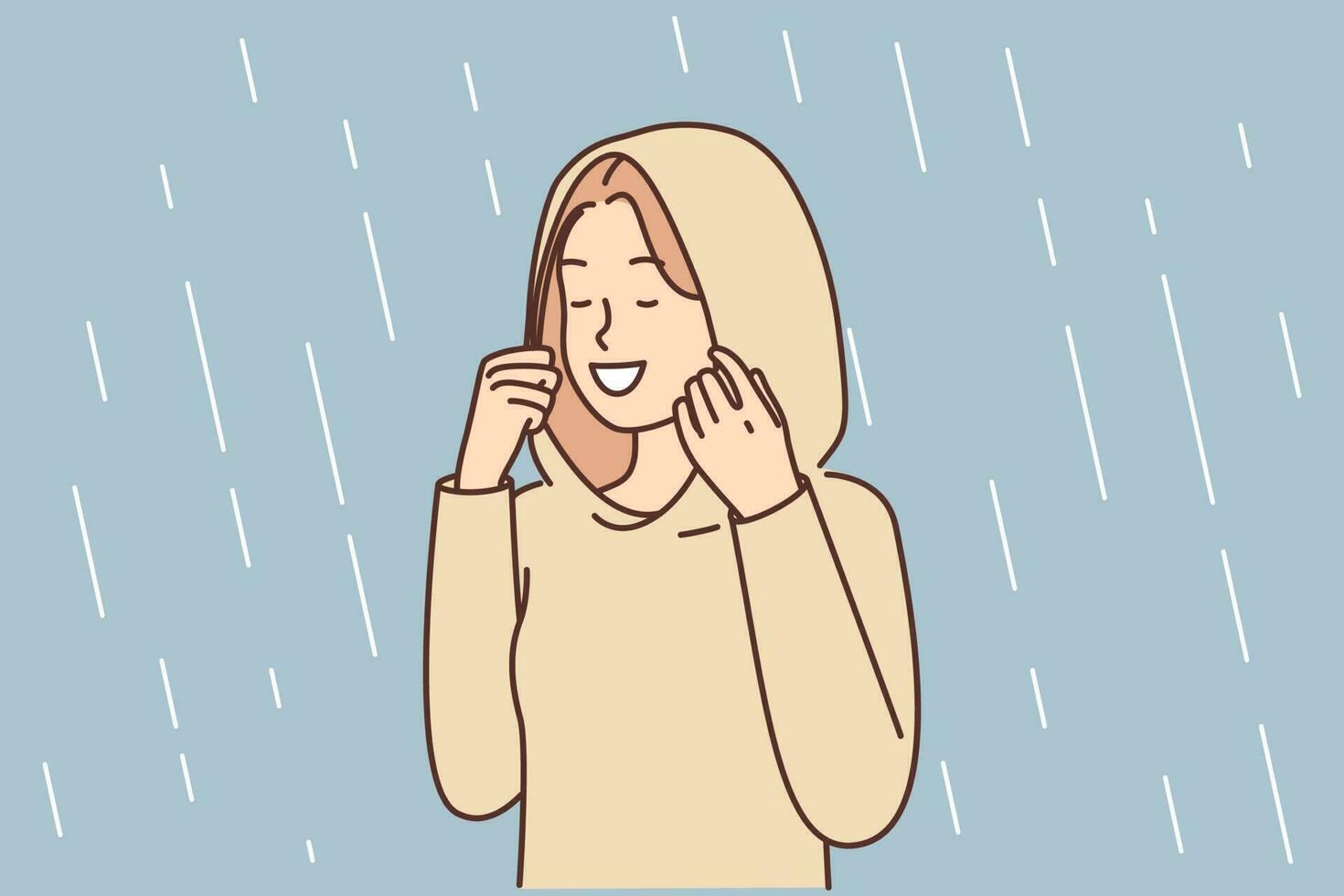 Happy woman enjoys autumn rain standing in autumn raincoat with hood that protects against drops. Positive girl relish spring weather and precipitation with storm rain after long drought vector